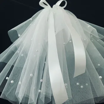 Фата с бантом, Жемчужная корейская двойная фата, короткая фата для новобрачных, свадебное платье, Вуаль для церемонии, головной убор