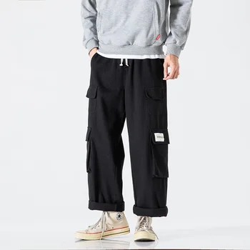 Хлопковые брюки-карго, мужские модные повседневные брюки с карманами, мужская японская уличная одежда в стиле хип-хоп, свободные прямые брюки, мужские брюки M-3XL