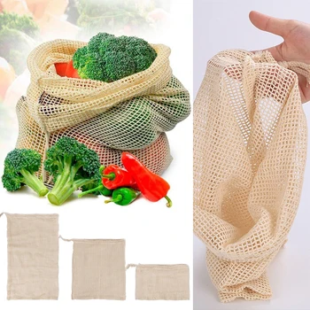 Хлопковые сетчатые сумки для овощей, сумки для продуктов многоразового использования, сумка для хранения покупок, сумка для фруктов, сумка для бакалеи, Сетчатая сумка на шнурке для кухонного органайзера