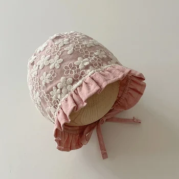 Хлопчатобумажная Кружевная шапочка с вышивкой для девочки, детская шапочка с дышащей сеткой для новорожденной принцессы, Регулируемая шапочка-бини 3-11 м