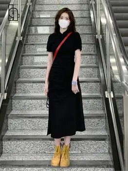 Черное Облегающее платье с воротником ПОЛО 2023, Новая Летняя Женская одежда
